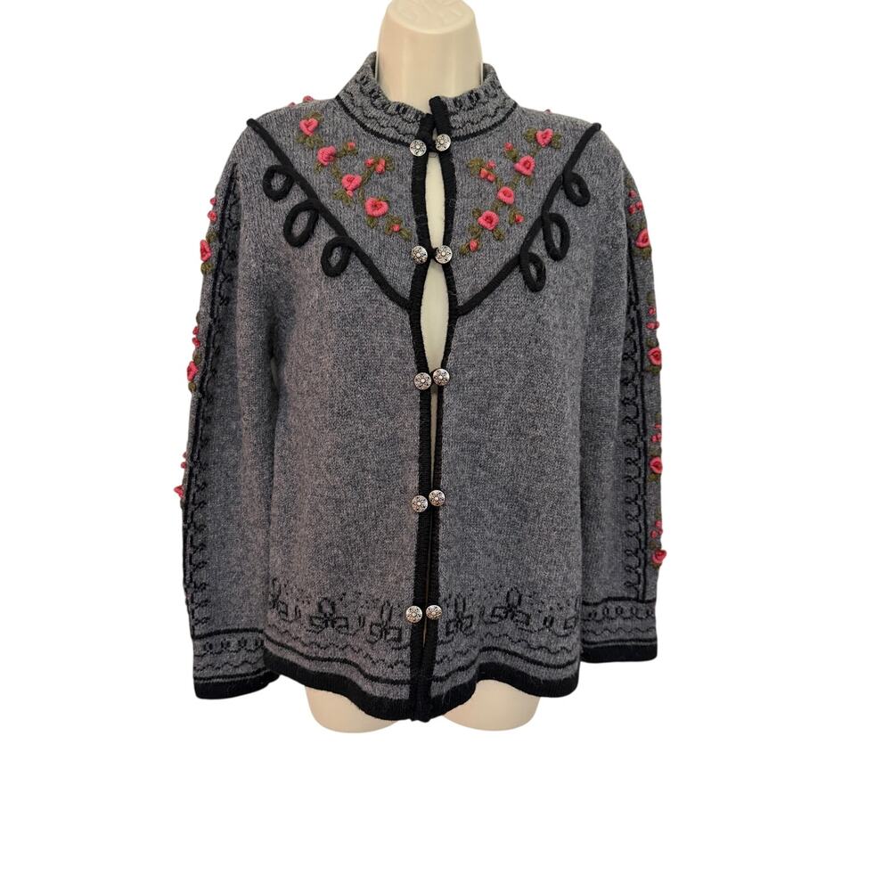 Vintage 90s Cardigan Gray Wool Cardigan Hand Embroidered Cottage Core No Size